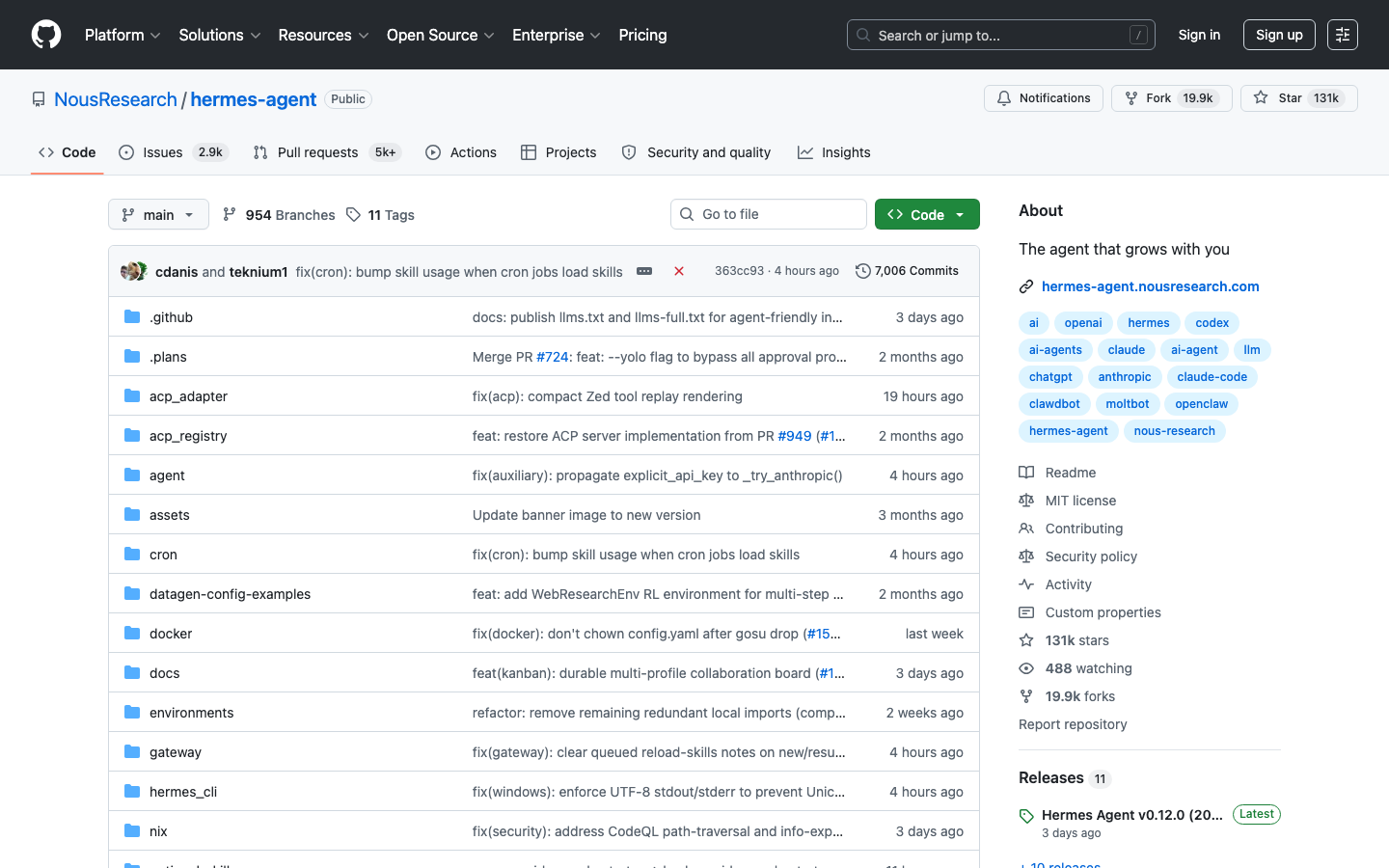 Hermes Agent installation and resources homepage screenshot