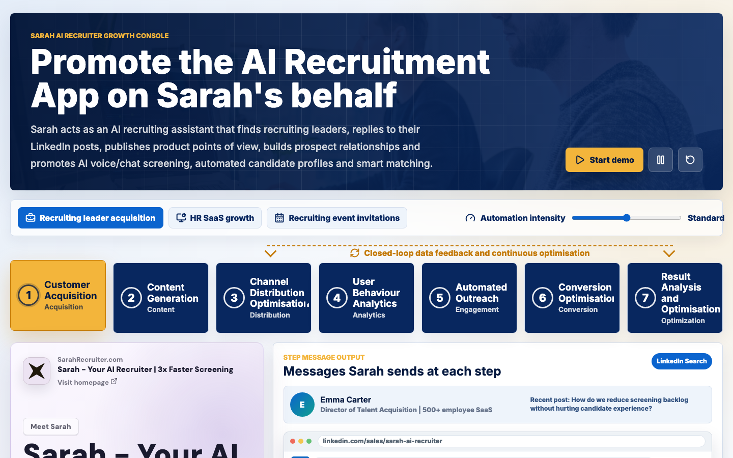 Sarah's Marketing Demo homepage screenshot